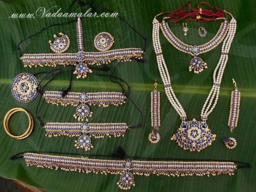 Blue stones kempu stone set. Kuchipudi and Bharathanatyam dance jewellery set. Kemp stone with stones and pearls adorn. These beautiful jewels and also be used as Indian Bridal / Traditional ornaments.